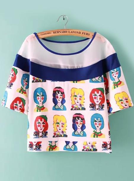 Romwe With Mesh Cartoon Print T-shirt
