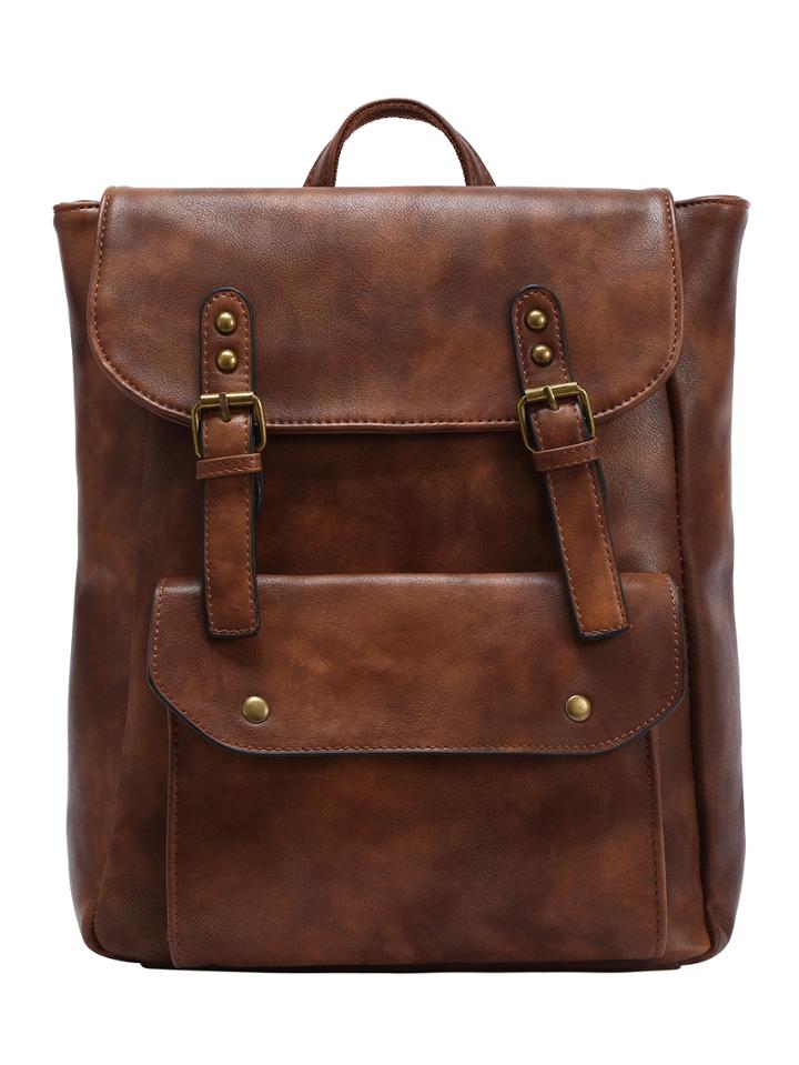 Romwe Faux Leather Double Buckle Strap Backpack - Brown