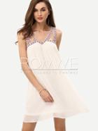 Romwe White Sleeveless Embroidered Cut Out Shift Dress