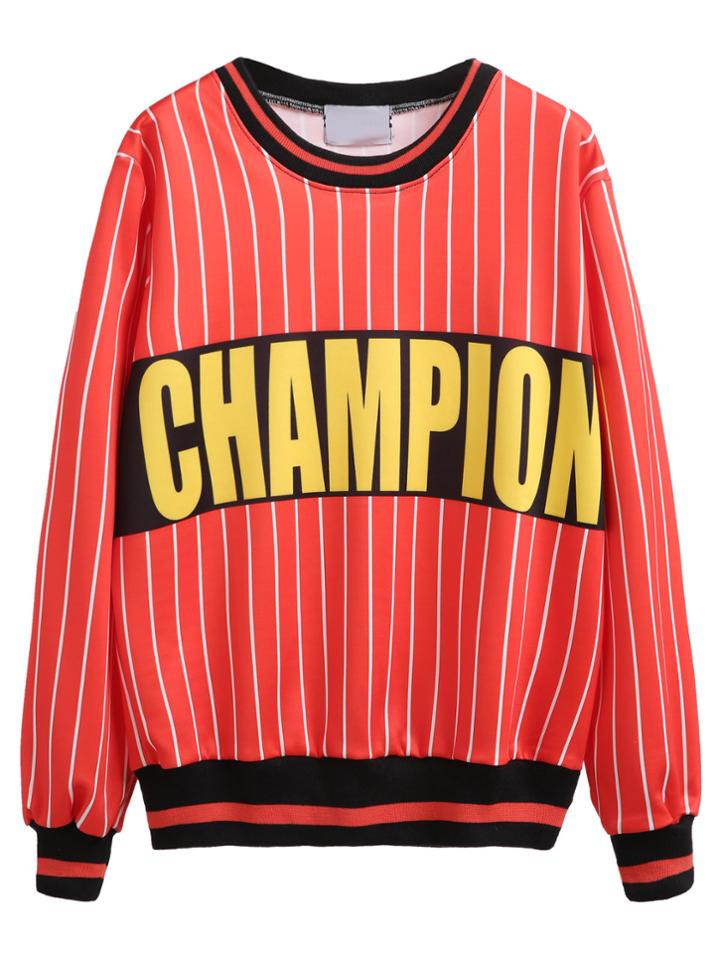 Romwe Red Contrast Trim Letter Print Striped Sweatshirt