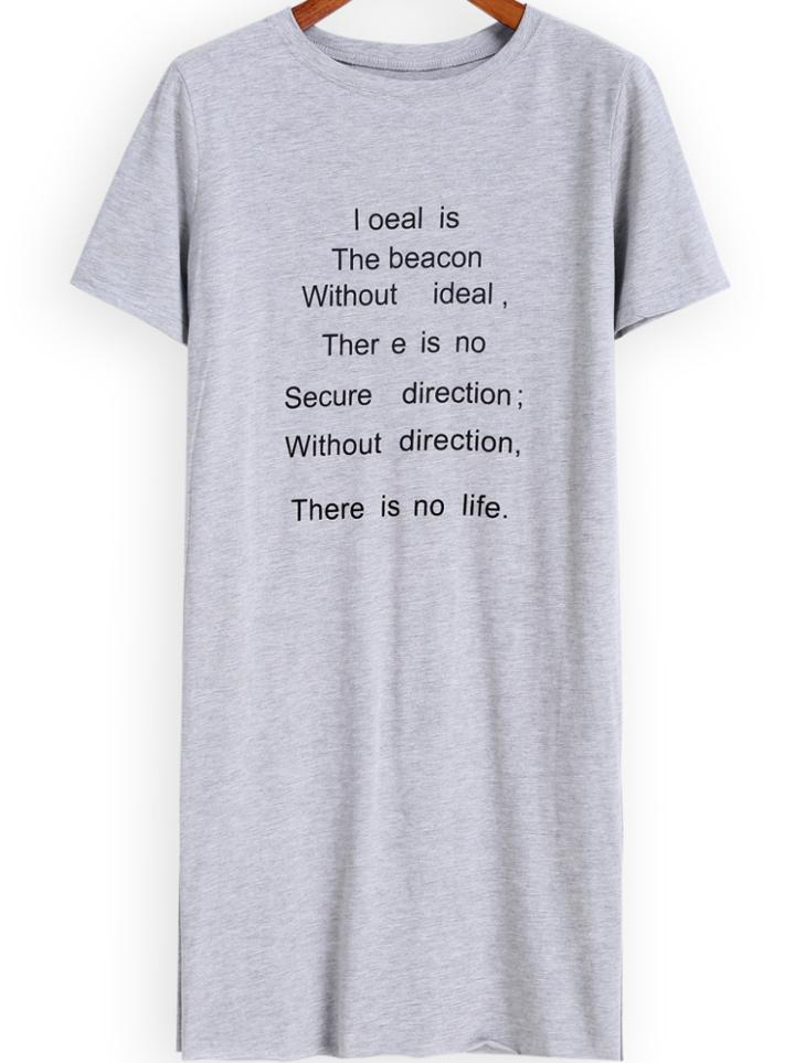 Romwe Letters Print Long Grey T-shirt