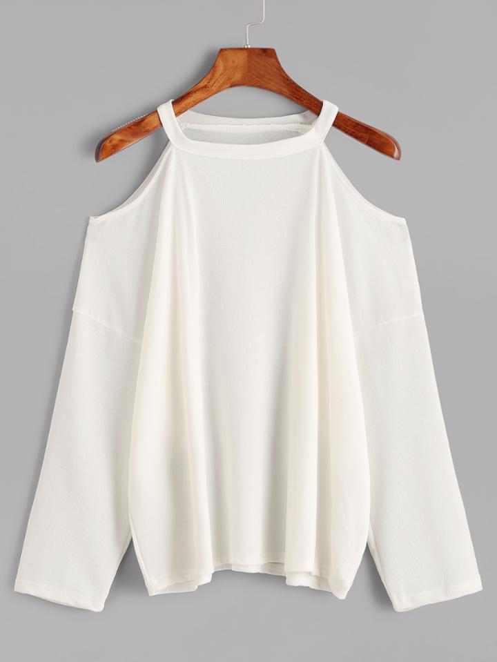 Romwe Beige Cold Shoulder Loose Knit T-shirt