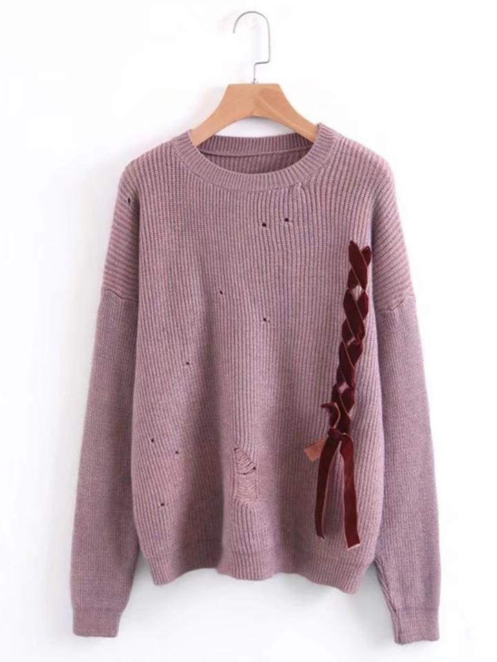 Romwe Drop Shoulder Lace Up Sweater