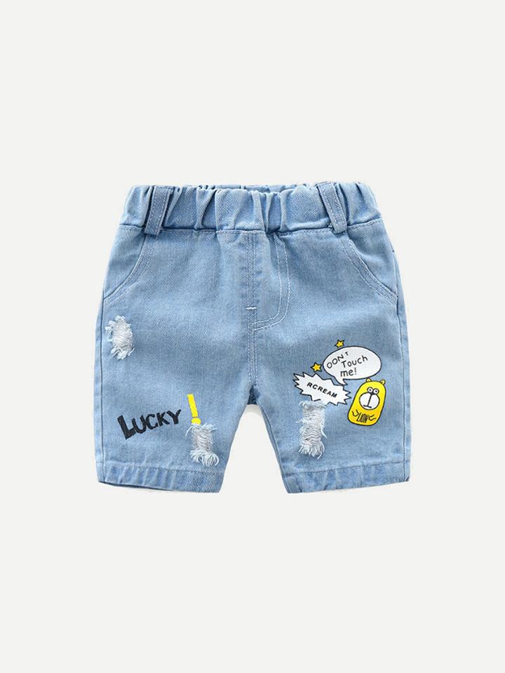 Romwe Bear Print Destroyed Denim Shorts