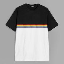 Romwe Guys Rainbow Stripe Patched Two-tone T-shirt