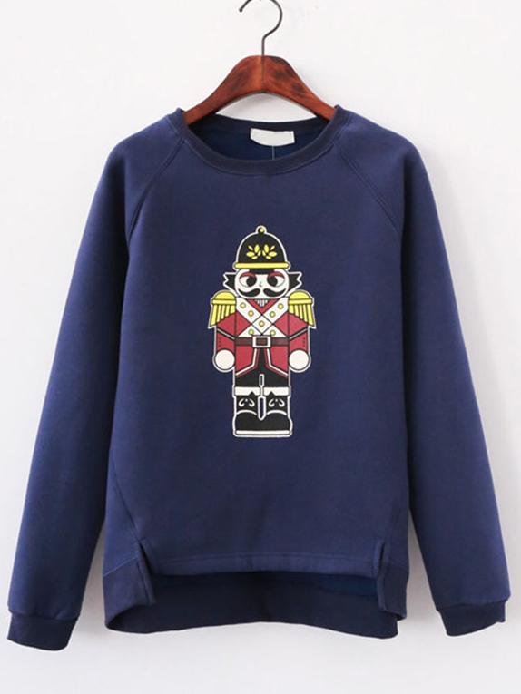 Romwe Dip Hem Split Side Cartoon Print Blue Sweatshirt