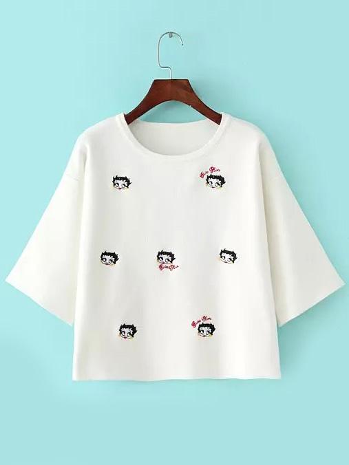 Romwe Cartoon Embroidered White Sweater