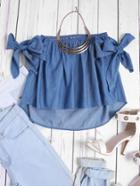 Romwe Off Shoulder Bow Tie Dip Hem Chambray Blouse