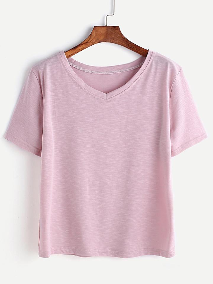 Romwe Pink V Neck Basic T-shirt