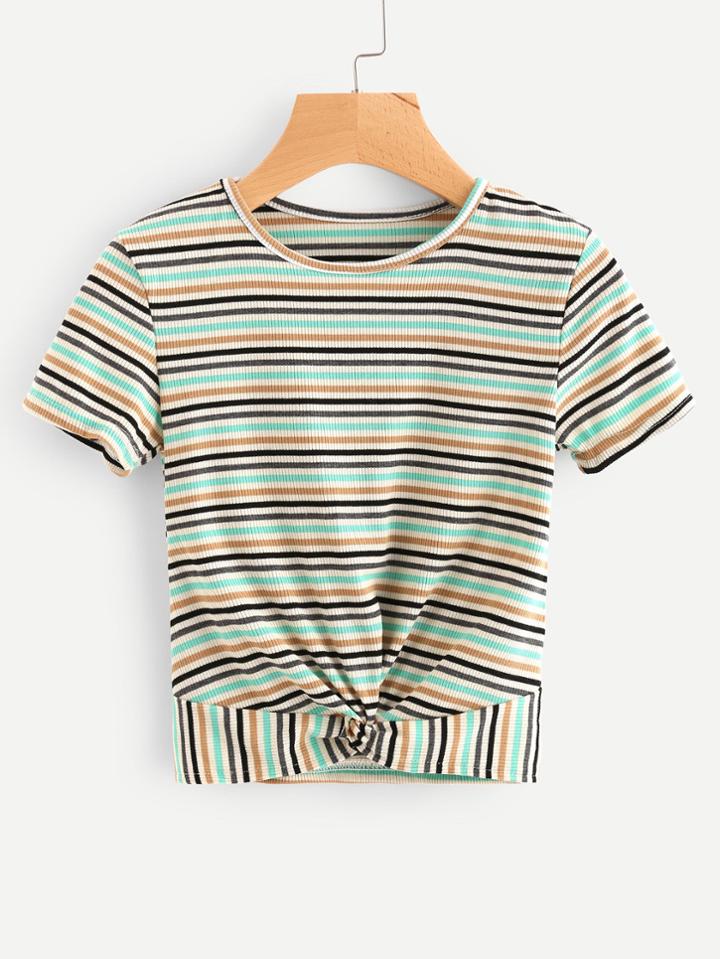 Romwe Multi-stripe Twist Front Ribbed Crop Tee