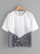 Romwe Contrast Gingham Bow Front Keyhole Top
