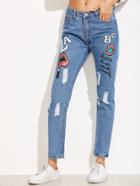 Romwe Blue Printed Ripped Ankle Jeans