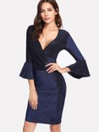 Romwe Trumpet Sleeve Glitter Wrap Dress