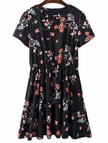 Romwe Black Elastic Waist Floral Print Skater Dress