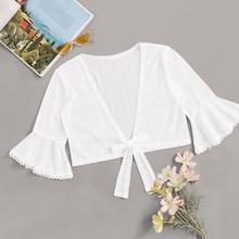 Romwe Flounce Sleeve Tie Front Plunging Neck Blouse