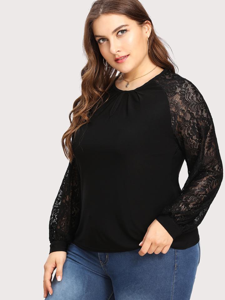 Romwe Contrast Lace Raglan Sleeve Tee