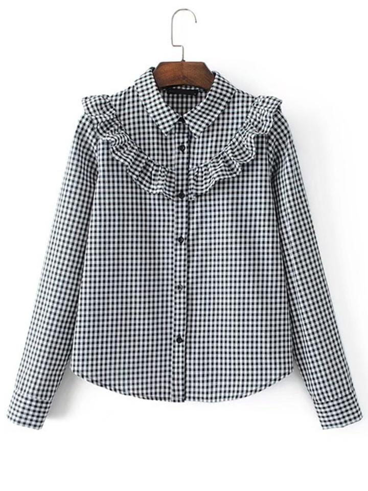 Romwe Ruffle Detail Gingham Blouse