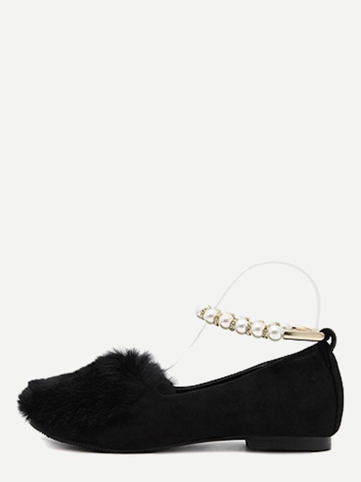 Romwe Black Rabbit Hair Embellished Pearl Strap Flats
