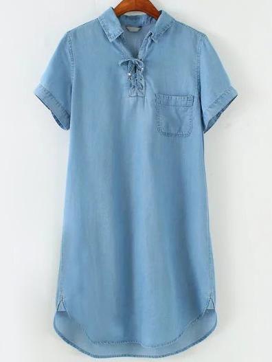 Romwe Blue Lapel Lace Up High Low Dress