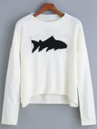 Romwe Dip Hem Fish Print White Sweater