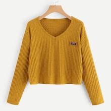 Romwe Patched V Neck Ribbed Tee