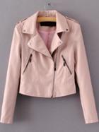 Romwe Pink Oblique Zipper Crop Pu Jacket