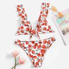 Romwe Fruit Print Ruffle Top With Cheeky Bikini