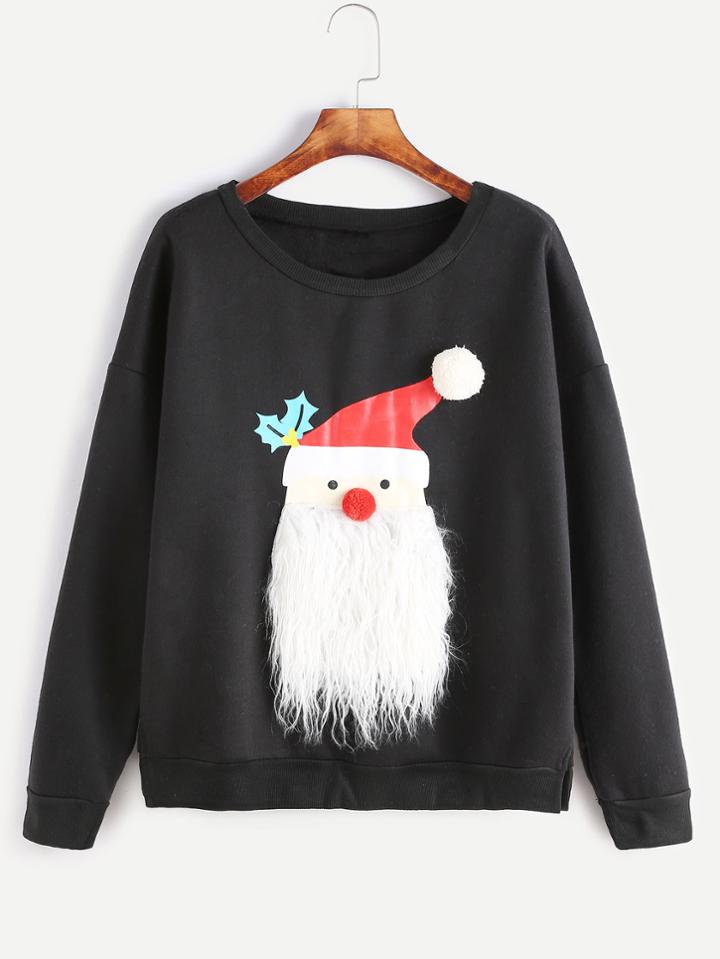 Romwe Black Drop Shoulder Father Christmas Embellished Sweatshirt