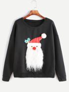 Romwe Black Drop Shoulder Father Christmas Embellished Sweatshirt