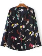 Romwe Black Shoes Print Buttons Front Blouses