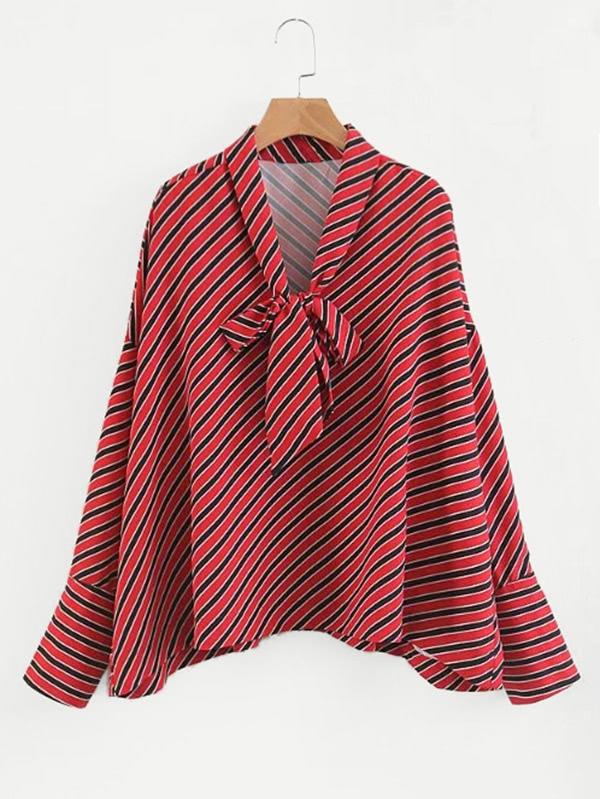 Romwe Tie Neck Striped Boyfriend Blouse
