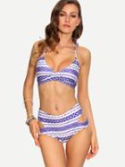 Romwe Cross Wrap Cutout Geometric Print Bikini Set - Purple