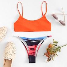Romwe Spaghetti Strap Top With Scenery Pattern Bikini Set