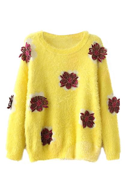Romwe Flower Embroidered Yellow Mohair Jumper