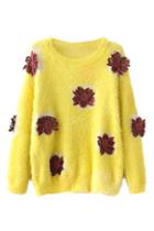 Romwe Flower Embroidered Yellow Mohair Jumper