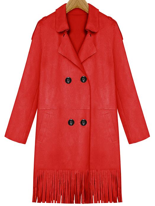 Romwe Lapel Double Breasted Tassel Red Coat