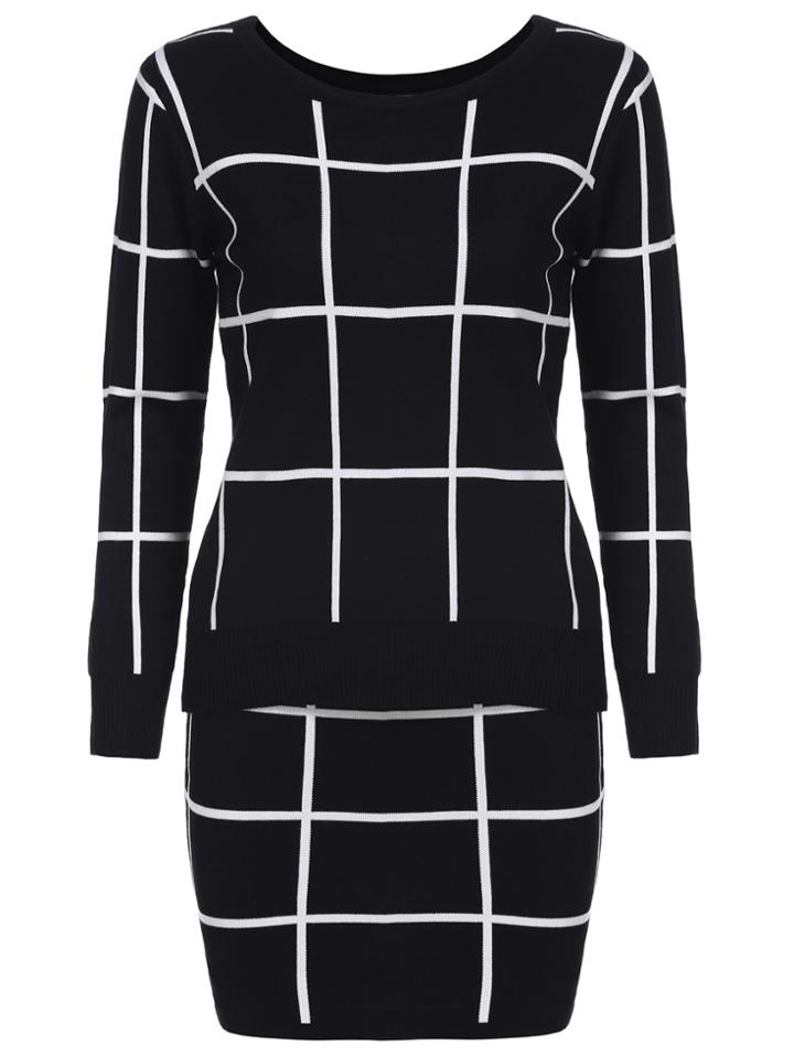 Romwe Long Sleeve Plaid Top With Knit Skirt