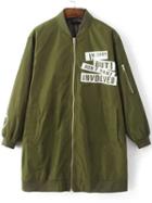Romwe Army Green Letter Print Zipper Up Longline Bomber Jacket