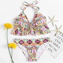 Romwe Knot Front Ruffle Trim Tie Dye Bikini Set