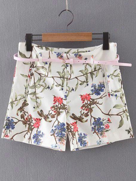 Romwe Multicolor Zipper Side Floral Print Shorts With Belt