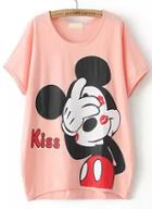 Romwe Dip Hem Lips Mickey Print Pink T-shirt