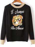 Romwe Black Tiger Embroidery Contrast Trim Sweater