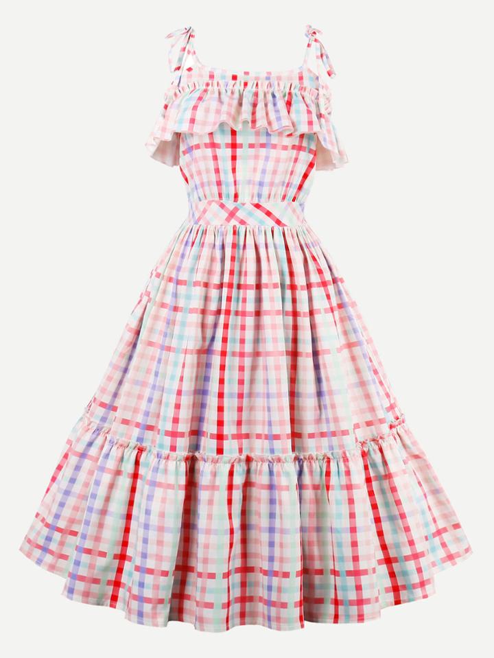 Romwe Rainbow Gingham Tie-strap Frill Trim Circle Dress