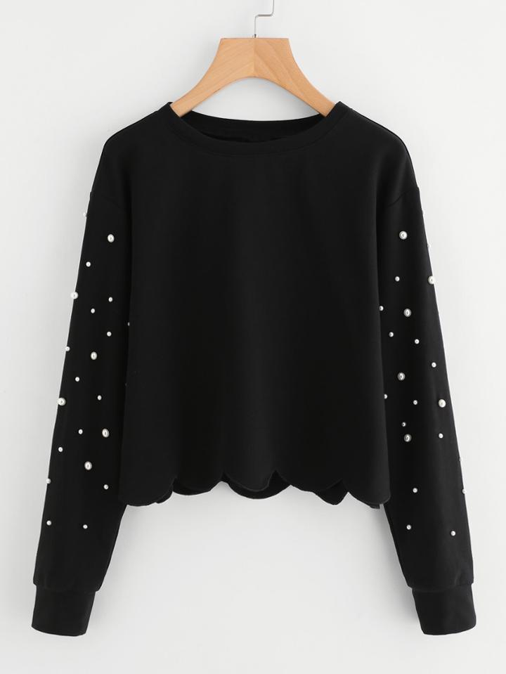 Romwe Pearl Beading Scallop Hem Sweatshirt