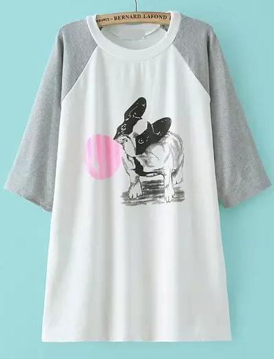 Romwe Contrast Sleeve Bulldog Print Grey T-shirt