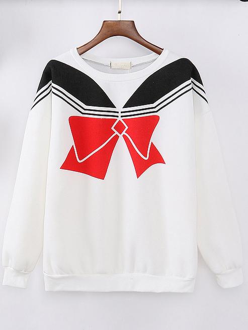 Romwe Round Neck Bow Print Color-block Sweatshirt