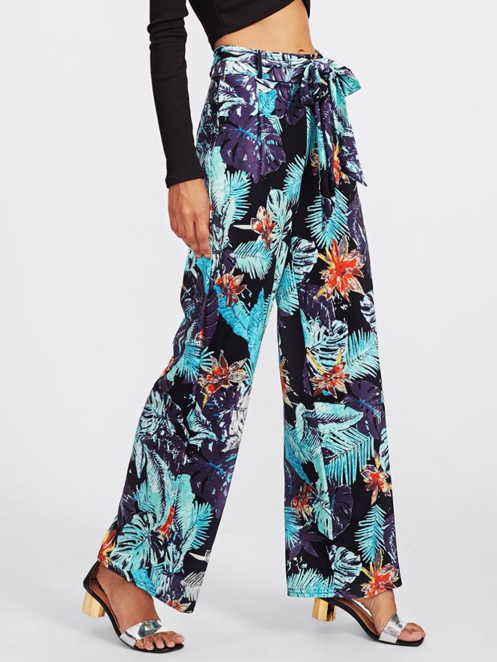 Romwe Ruffle Tie Waist Tropical Print Palazzo Pants