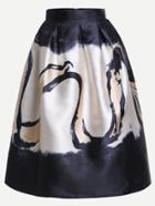 Romwe Black Abstract Print Box Pleated Skirt