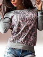 Romwe Grey Printed Raglan Sleeve Sweatshirt