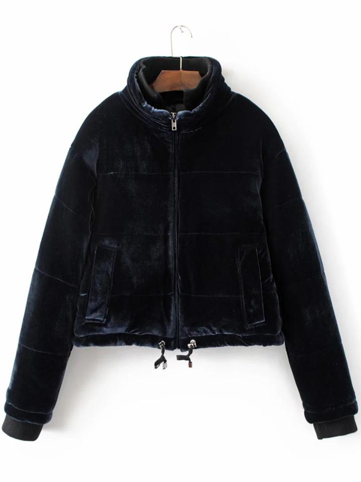 Romwe Stand Collar Velvet Padded Coat